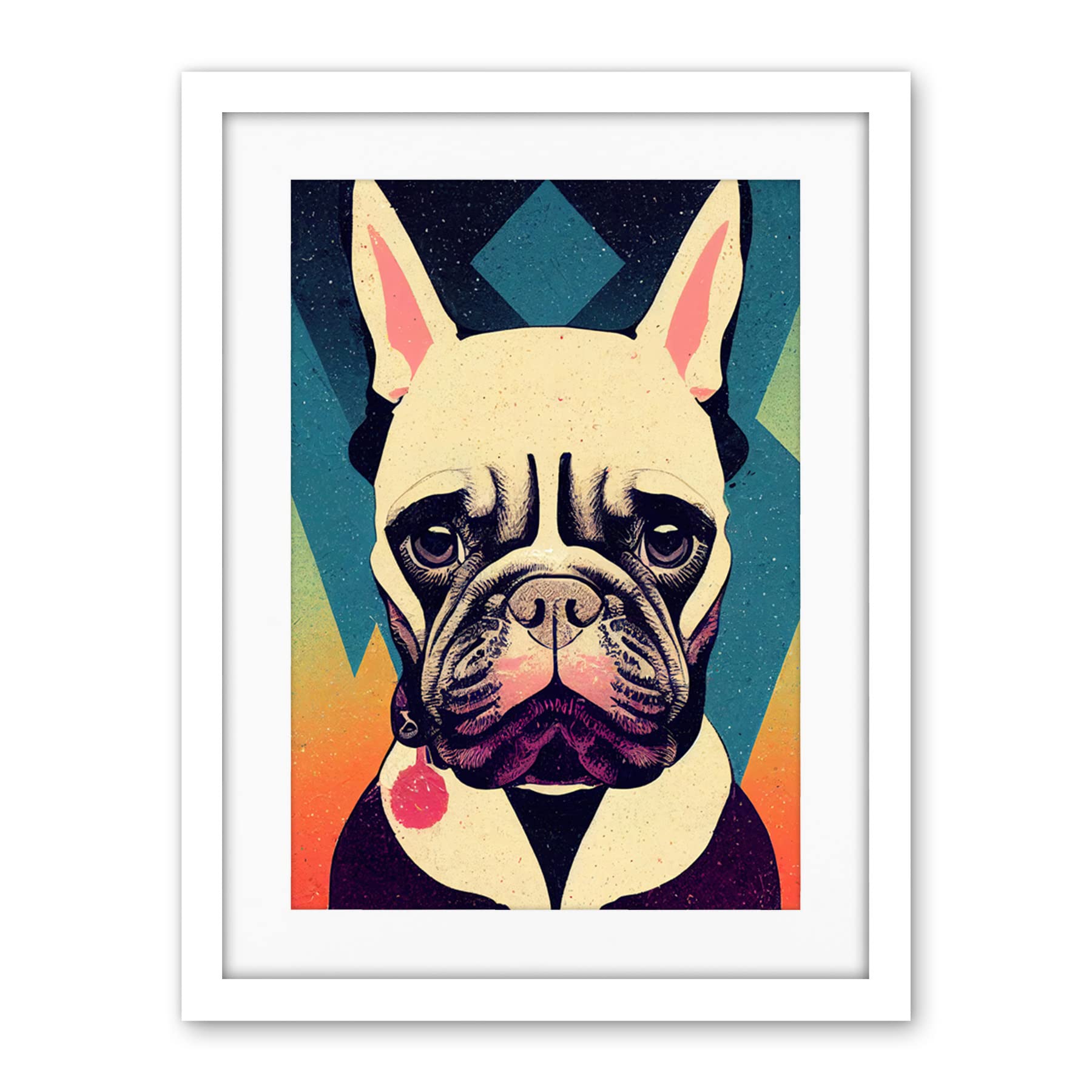 Wee Blue Coo French Bulldog Portrait Geometric Pastel Modern Illustration Artwork Framed Wall Art Print 18X24 Inch