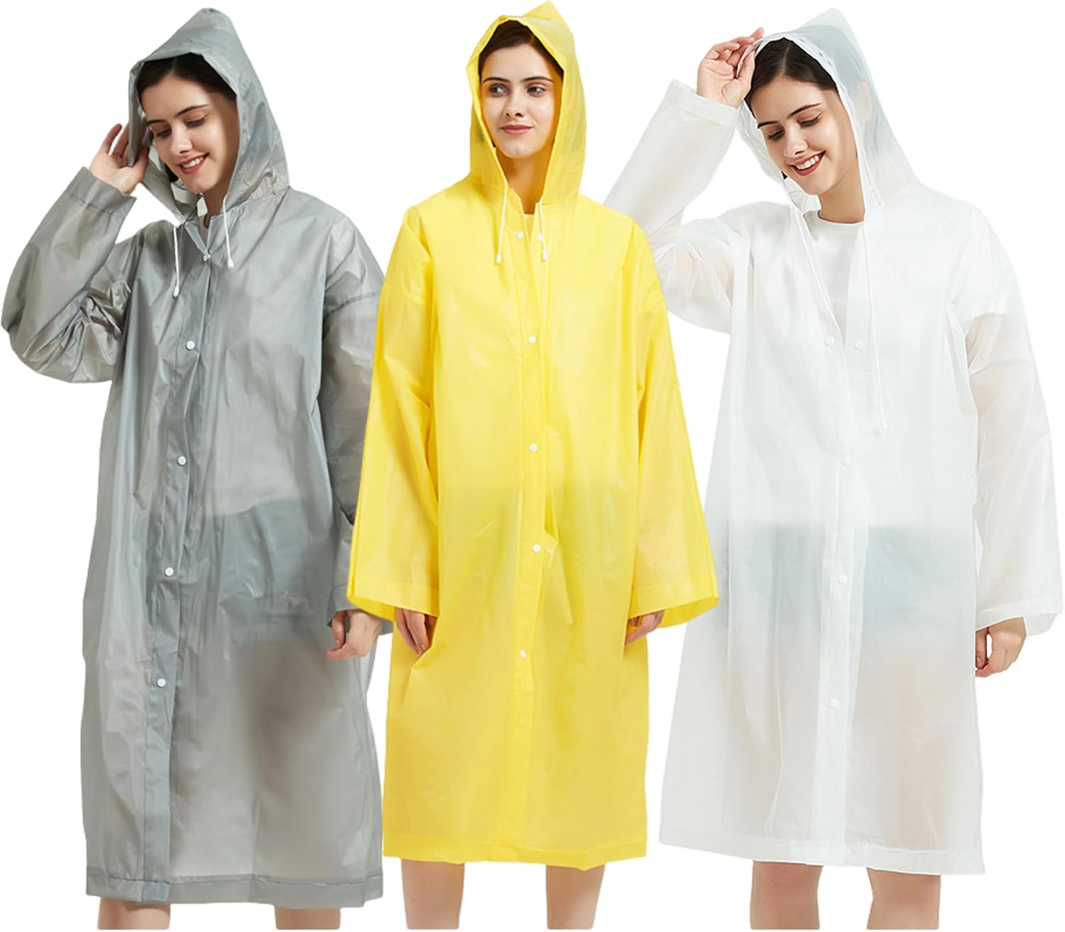 3 Pack Adult Rain Ponchos, 3 Colors EVA Hooded Reusable Waterproof Raincoats for Women, Unisex Adult, Sleeveless, Medium Weight, Solid, Standard Fit, Outdoor Activities