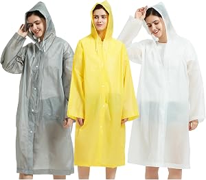 3 Pack Adult Rain Ponchos, 3 Colors EVA Hooded Reusable Waterproof Raincoats for Women, Unisex Adult, Sleeveless, Medium Weight, Solid, Standard Fit, Outdoor Activities