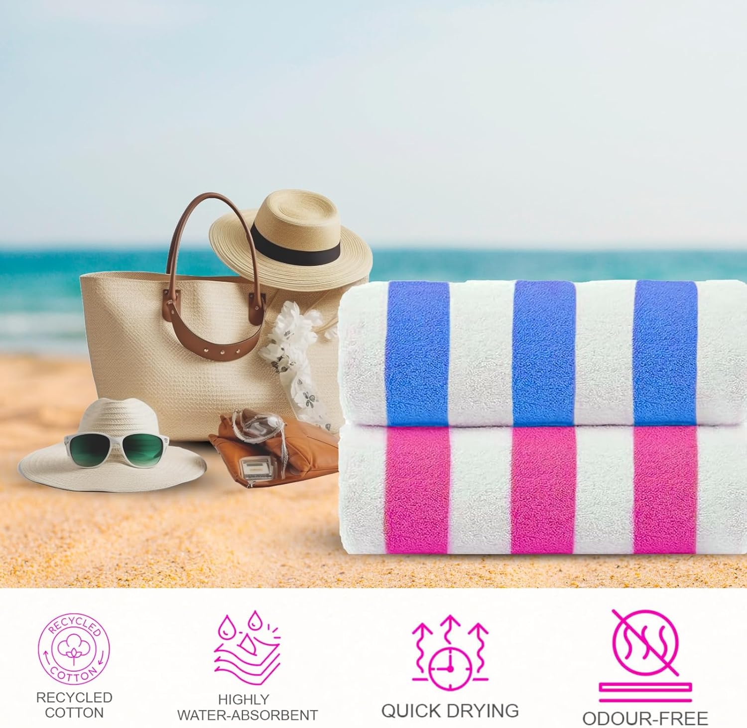 CASA COPENHAGEN Cabana Beach Towel Designed in Denmark Rough and Tough, Quick Dry, Pool, Bath & Shower 30x60 inches 4 Pieces Cotton Beach Bath Towels Set - Turquoise, Royal Blue,Pink, Green - Image 3