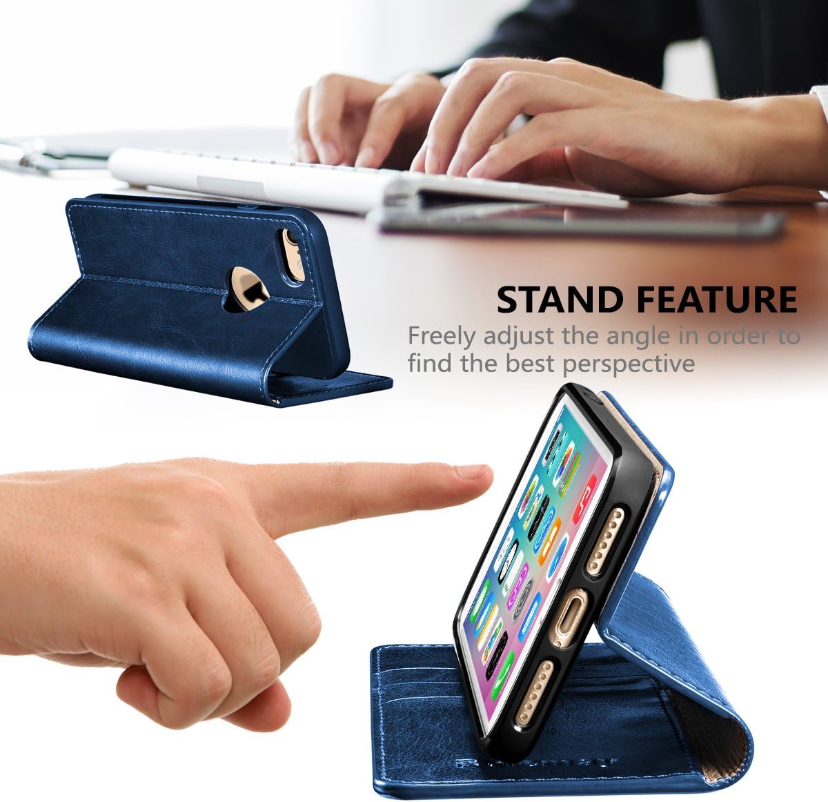 Belemay Compatible with iPhone 8 Wallet Case, Compatible with iPhone 8 Case, Genuine Cowhide Leather Flip Case Folio Cover [Durable Soft TPU Inner Case] Card Holder Slots, Kickstand, Cash Pocket, Blue