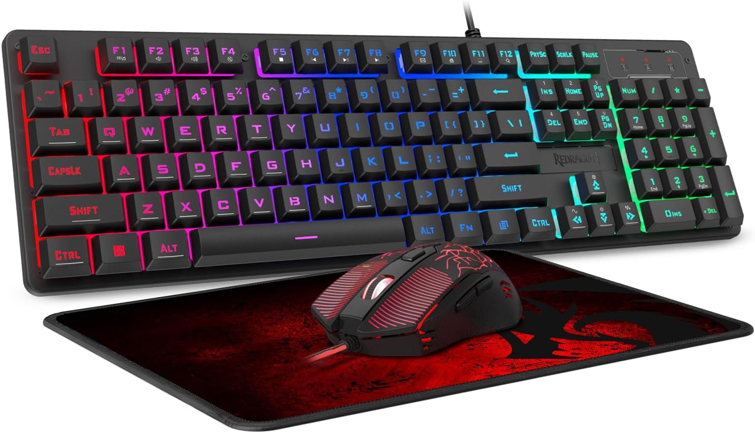 Redragon S107 3 in 1 Essential Wired USB Gaming Keyboard and Mouse Set - M608 3200 DPI Gaming Mouse + K509 Semi-Mechanical Keyboard + P016 Large Gaming Mousepad