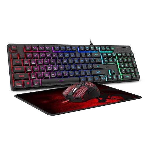 Redragon S107 Gaming Keyboard and Mouse Combo Large Mouse Pad Mechanical Feel RGB Backlit 3200 DPI Mouse for Windows PC (Black-RGB Keyboard, Mouse and Mouse pad)