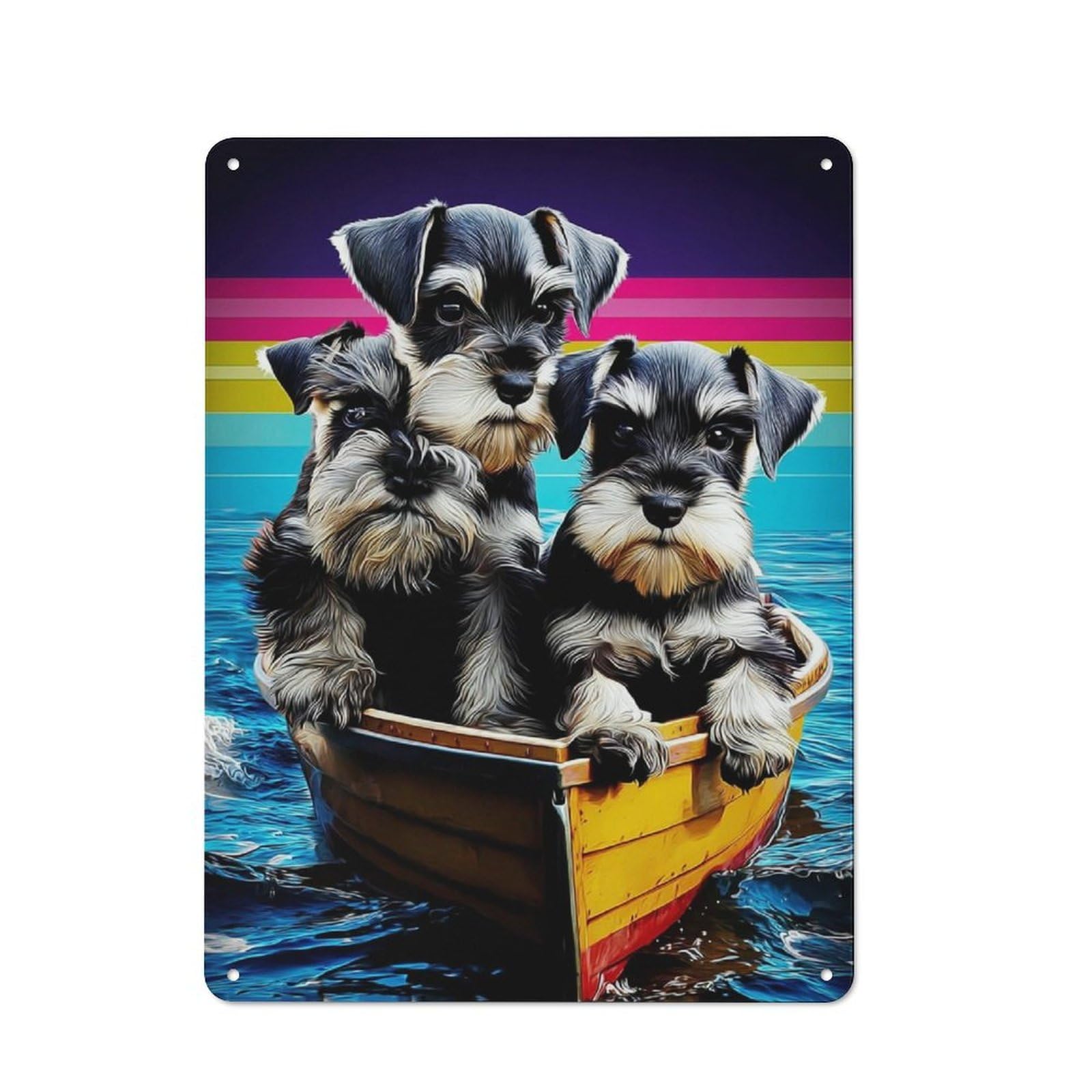 Junmoney Three Puppies In A Boat Adventure Metal Wall Sign 40X30cm Featuring For Café Or Restaurant, A Decorative Metal Sign For Cafés And Restaurants