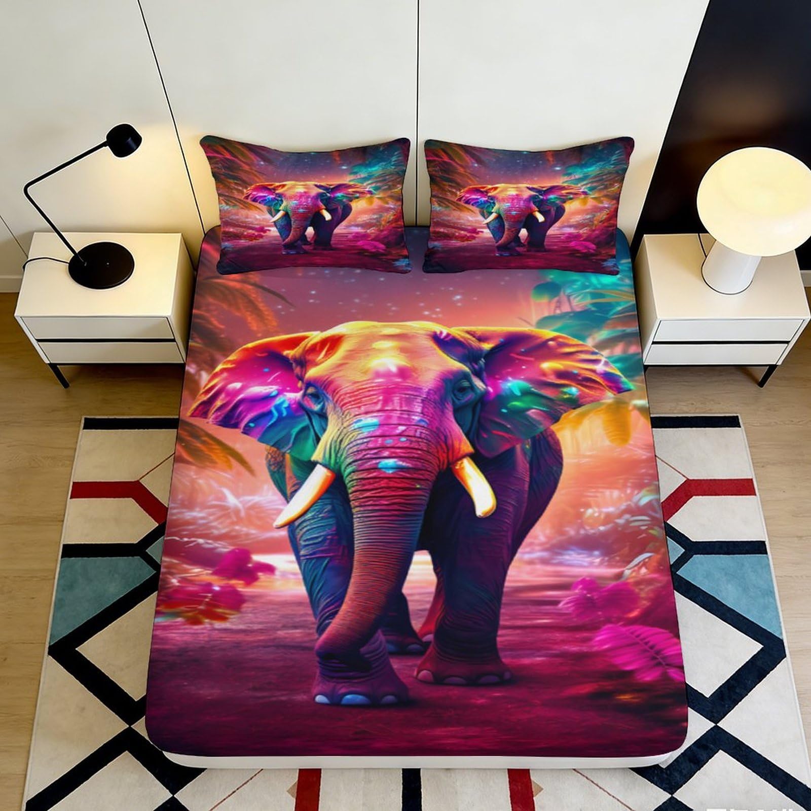 3D Printed Colorful Elephant Fitted Sheet Microfiber Soft Decor Sunset Jungle Bed Cover for Bedroom Guest Room 90x200x25cm