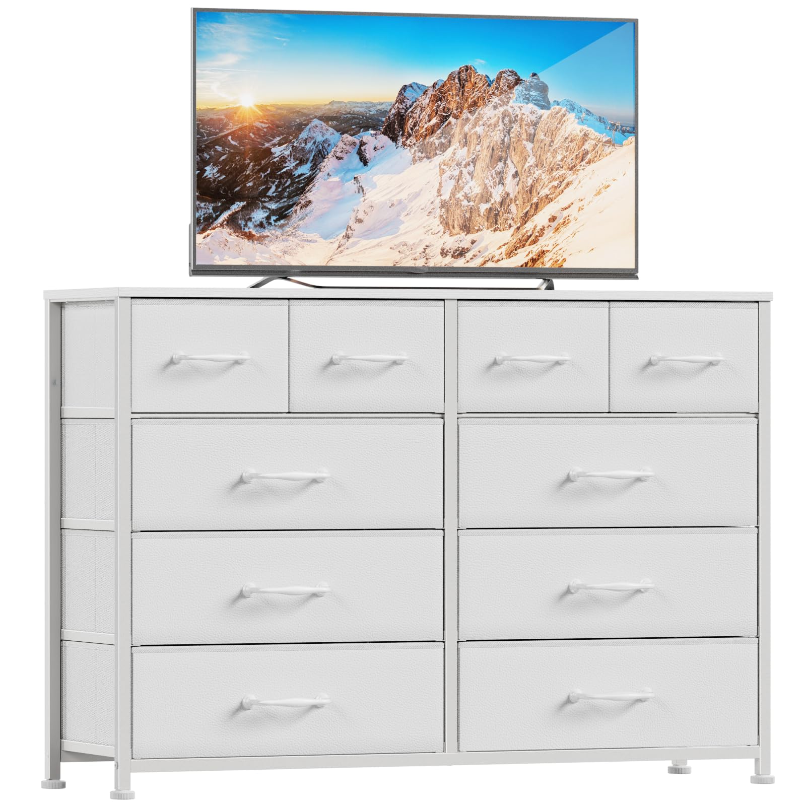 Furnulem Bedroom Dresser White for 55”Long TV Stand Entertainment Center Dressers & Chests of Drawers,10 Storage Fabric Drawer, Sturdy Metal Frame Tall Storage Cabinet for Living Room, Entryway