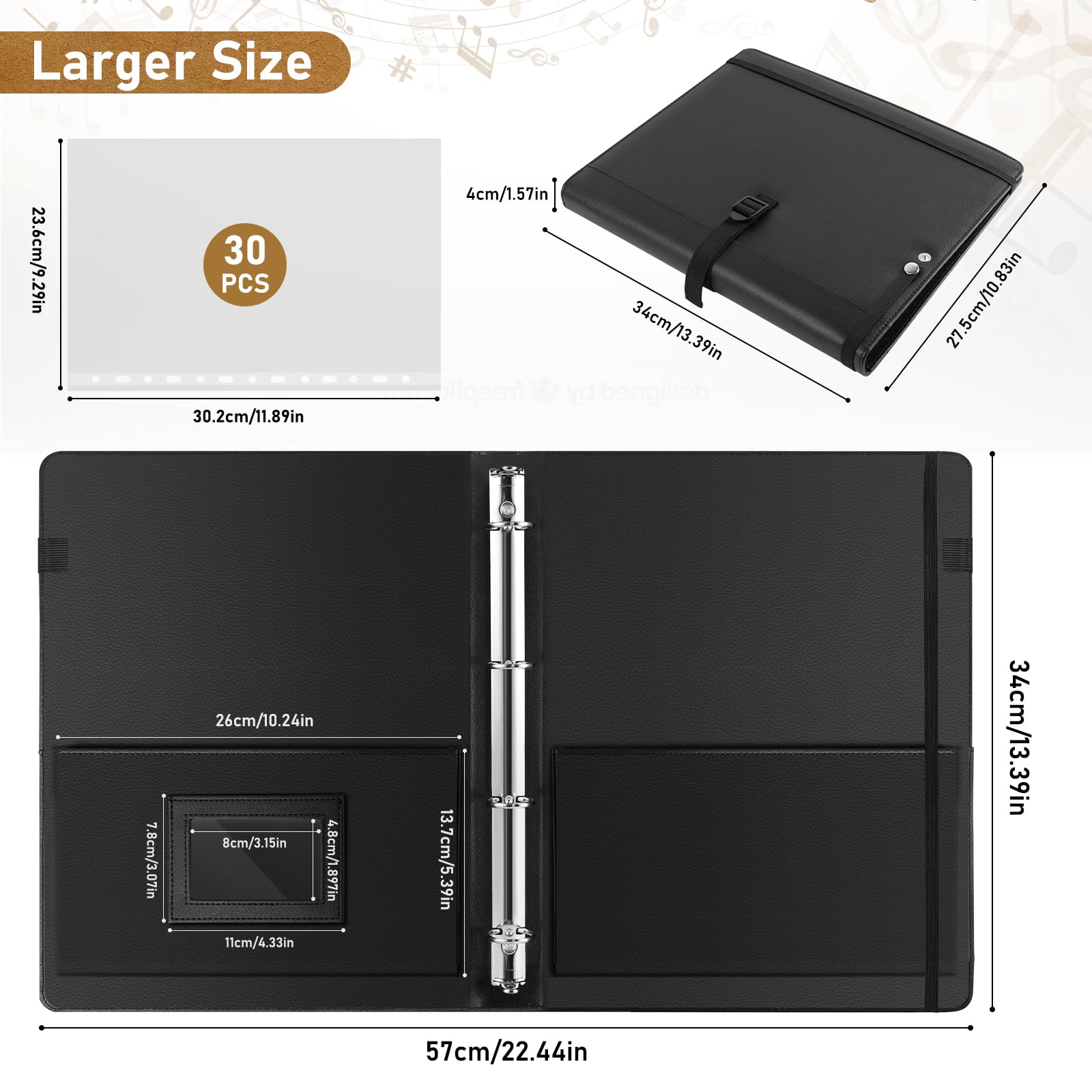 Irich A4 Large Synthetic Leather Sheet Music Folder,4 Ring Thickened Synthetic Leather Music Folder,30 Pockets 60 Pages,Black,220 Maximum Sheets - Image 3