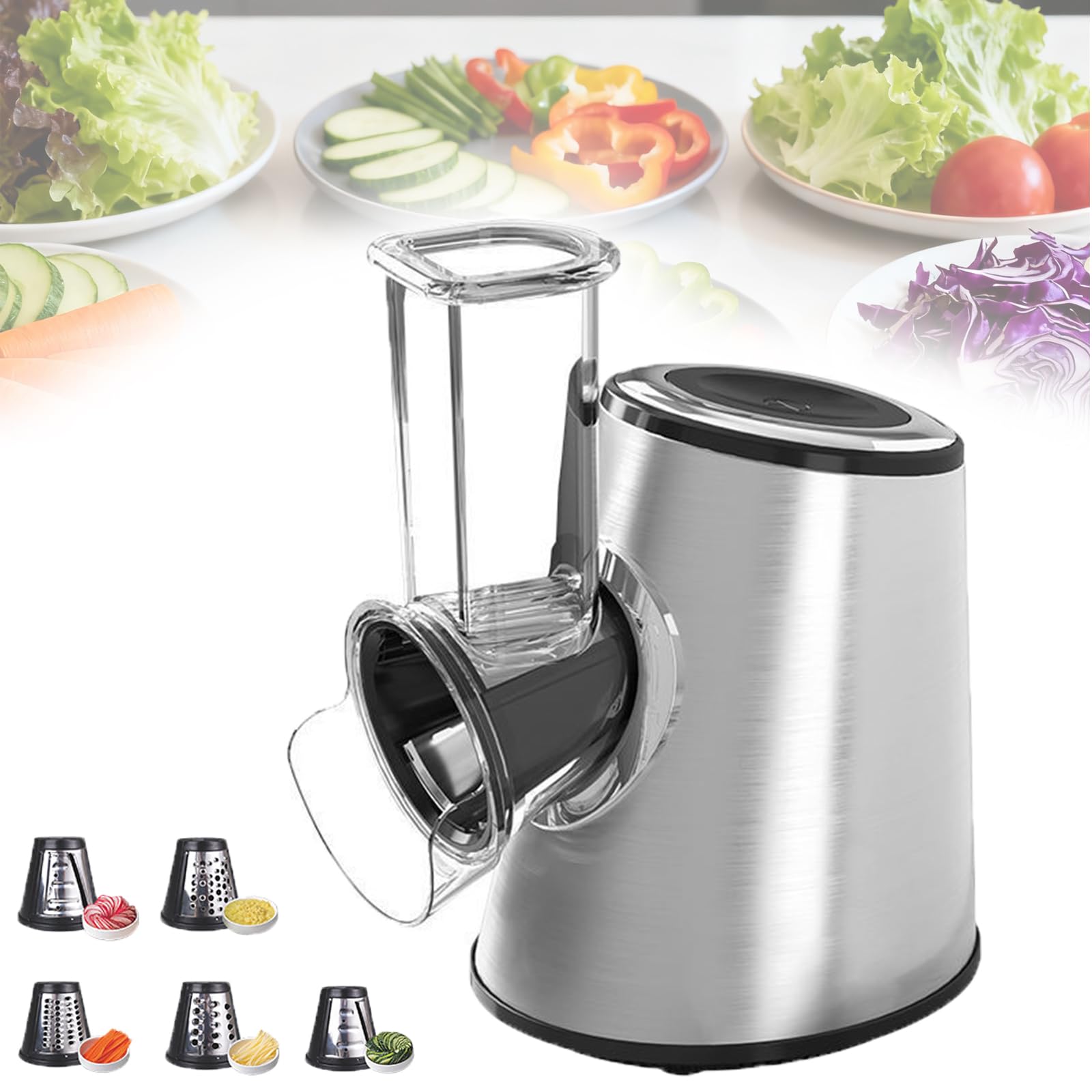 Yxyljoz Electric Cheese Grater 800W Salad Maker With 5 Stainless Steel Blades,Easy To Clean,Large Diameter 3.5 In,One-Click Operation, Bottom For Vegetables,Cheeses
