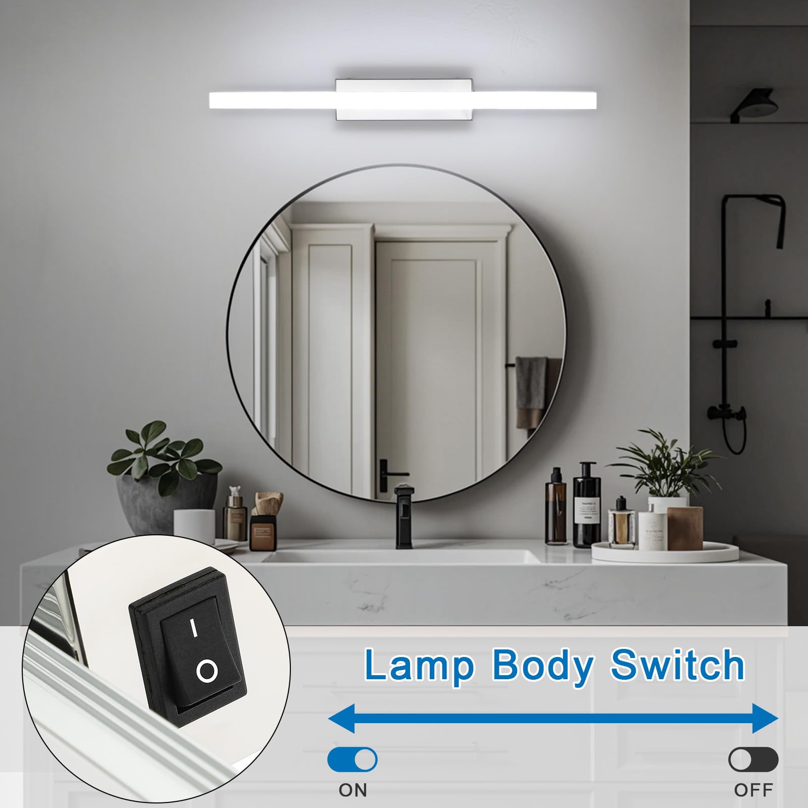 Lightess 40cm Applique Salle de Bain LED 6W 6000K IP44 Inox | Lampe Miroir Blanc Froid, IP44 Étanche, Acier Inoxydable, avec Interrupteur, pour Toilette Maquillage