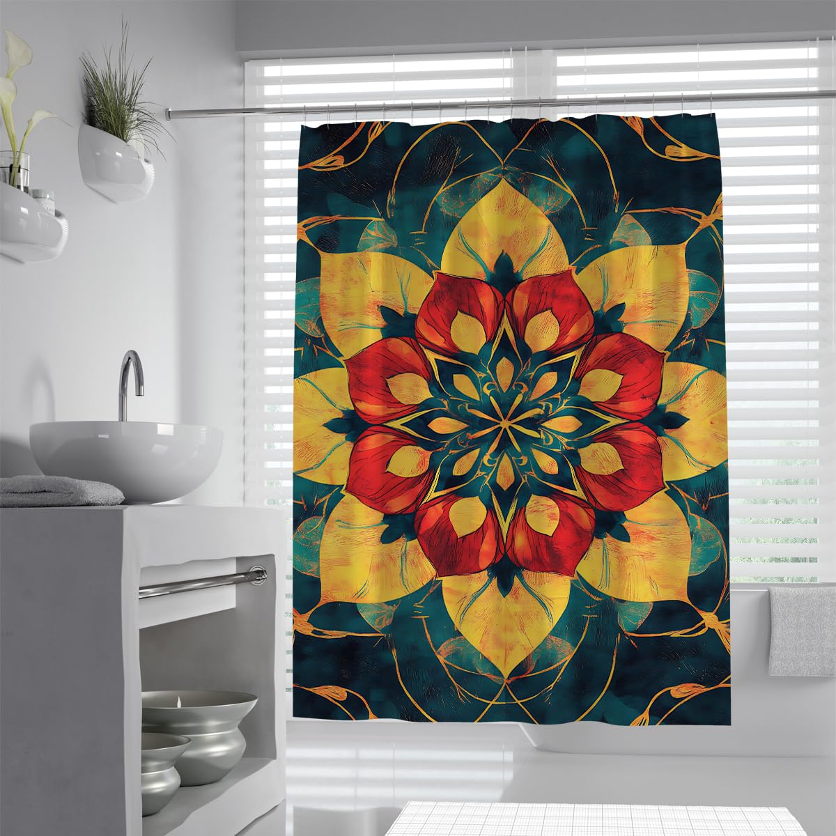 UERWOWELL Vibrant Geometric Flower Shower Curtain Mystical Abstract Petal Shower Curtain Liner Retro Colorful Kaleidoscope Art Design Bathroom Decor W100xL180 cm