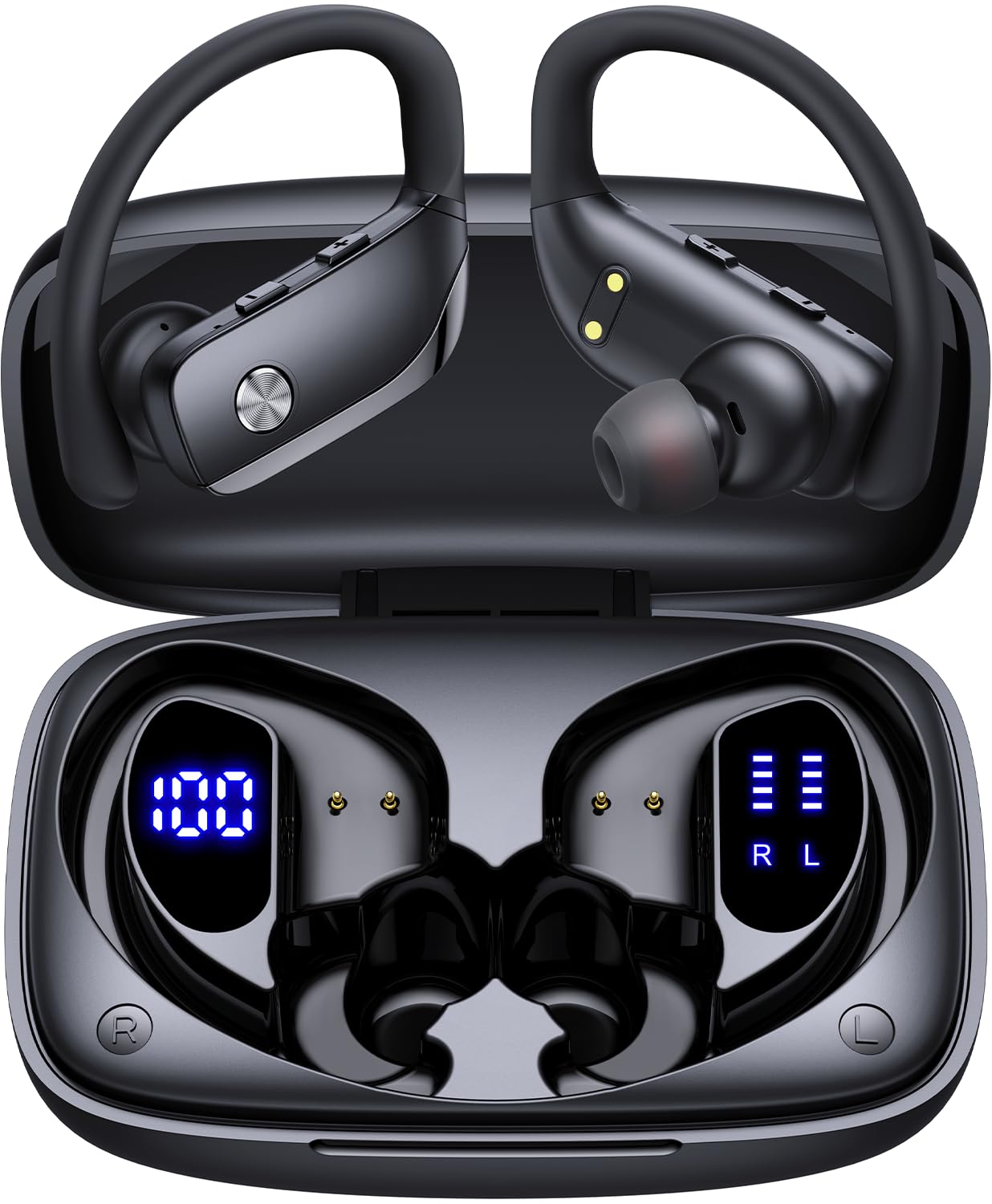 ECLVOX Cuffie Bluetooth Sport con Ganci Auricolari, Auricolari Wireless In Ear con 80H Autonomia, Display LED Doppio, Earbuds Bluetooth con Microfono, Cuffiette Running per Palestra, Fitness e Corsa