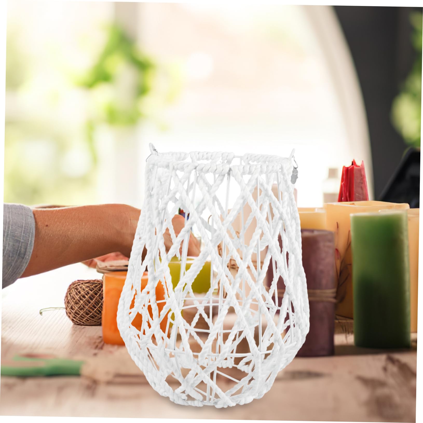 SHINEOFI Farol de Vela Tejido Blanco de Hierro y Hilo de Algodón, Candelabro Decorativo Geométrico para Decoración del Hogar y Jardín, Estilo Artístico