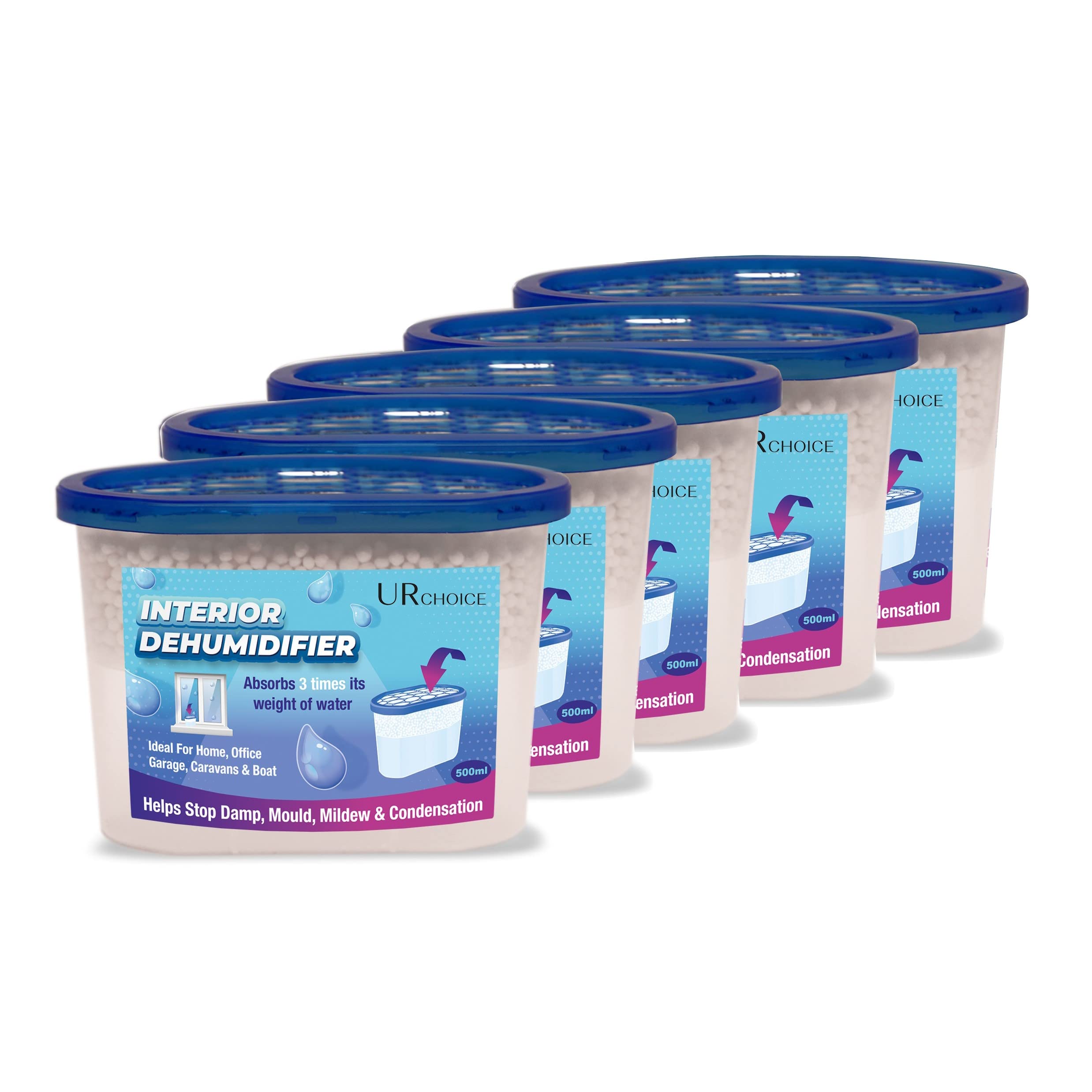 Dehumidifier 500ml Pack of 5, Moisture Absorber & Condensation Remover for Damp, Mould, Musty Smell, Disposable Interior Dehumidifiers for Home, Bedroom, Kitchen, Wardrobe, Bathroom, Caravan