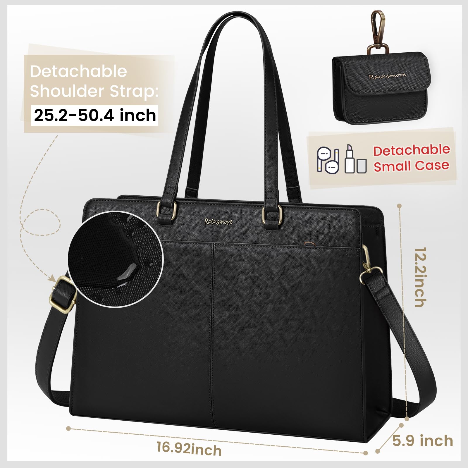 RAINSMORE Borsa Donna Grande Borsa Università Impermeabile 15,6 pollici Laptop Borsa da Lavoro Borsa a Tracolla in Pelle PU Viaggi Scuola Ufficio Shopping Nero