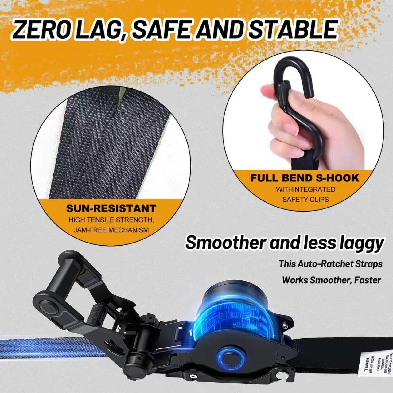 1800LB Retractable Ratchet Straps with Soft Loops(4 Pack), 1" x 12FT Heavy Duty Auto Self Retracting Tie Down Straps for Trucks, Motorcycle, Cargo, Trailer, Moving-Black
