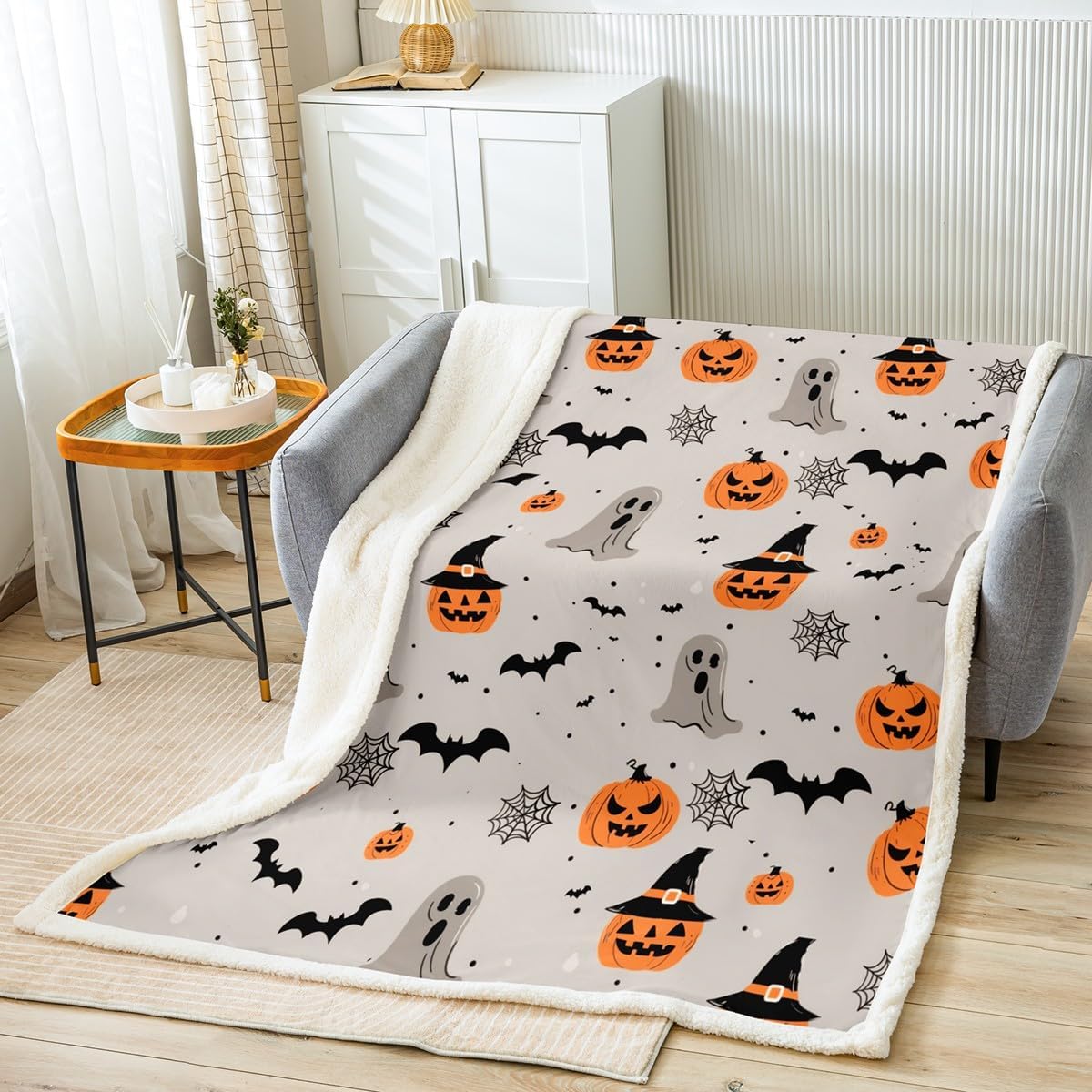 Feelyou Happy Halloween Plush Blanket Boys Girls Throw 50"x60" Pumpkin Fleece Throw Blanket for Bed Sofa Couch Witchcraft Sherpa Blanket Room Decor Spider Web Printed Fuzzy Blanket