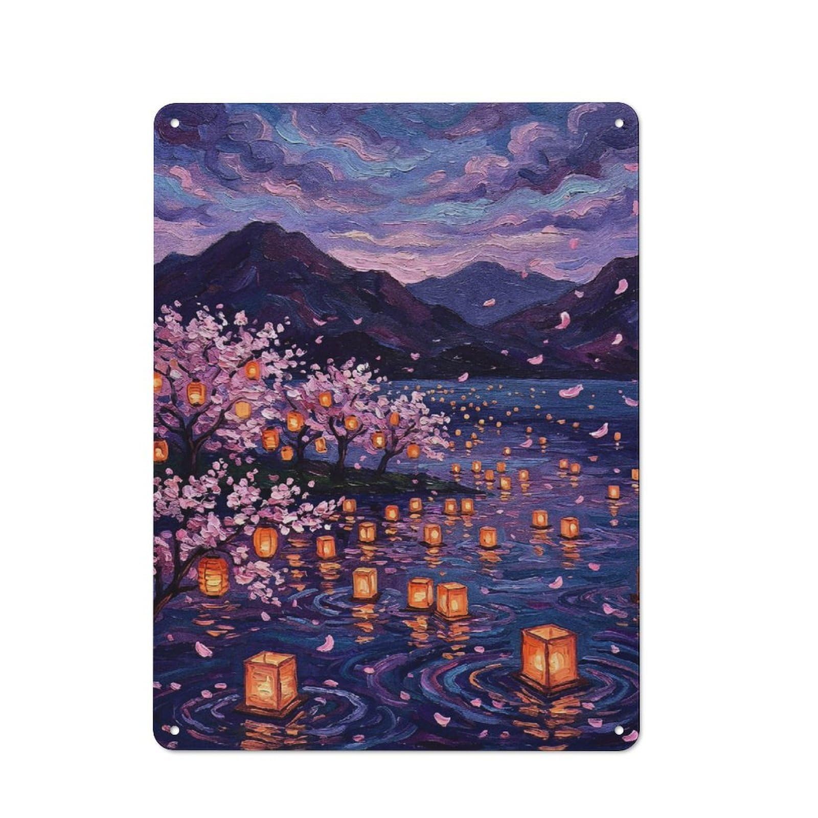 Junmoney Style-24 Floating Lanterns Under Cherry Blossoms Vintage Tin Sign 40X30cm For Garage Wall, For Everyday Room Decor With A Vintage Look