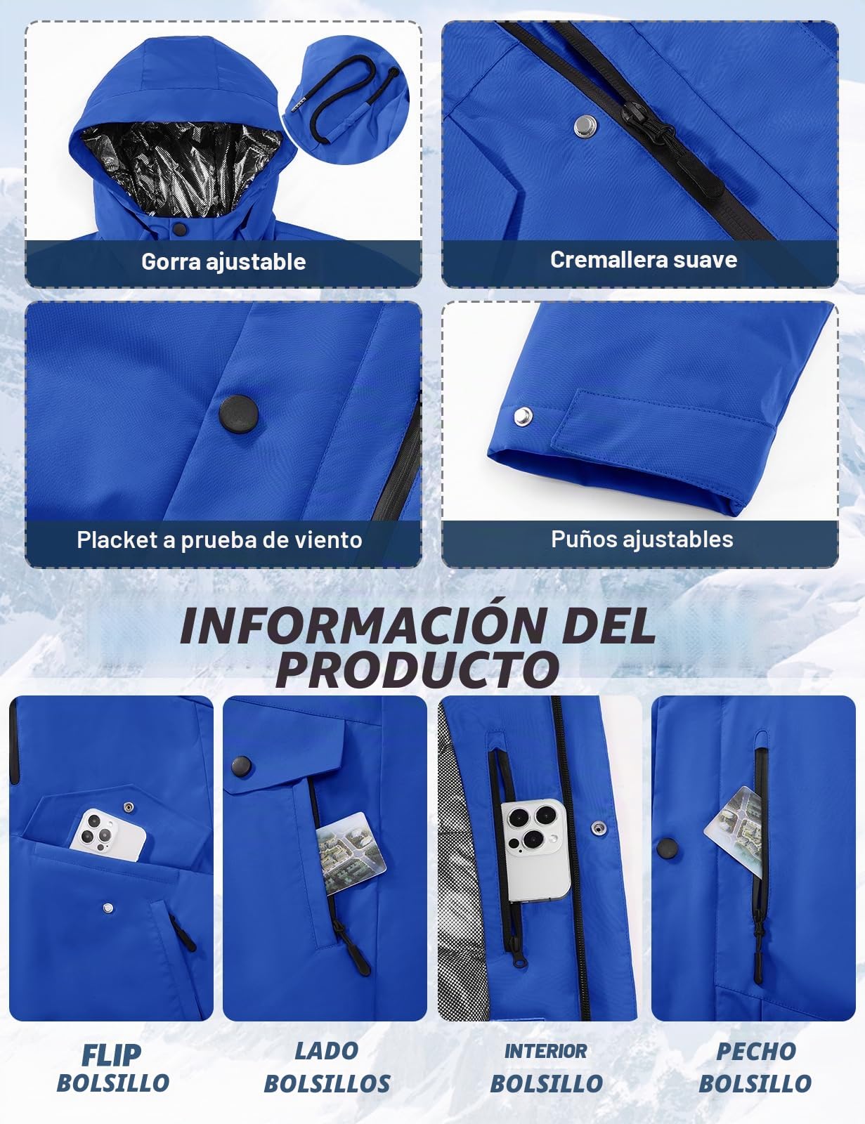 TOMEEK Chaqueta Hombre Invierno Esquí Impermeable Cazadora Abrigo de Invierno Abrigado Cortavientos con Capucha y Brújula Medición de Temperatura Incluida
