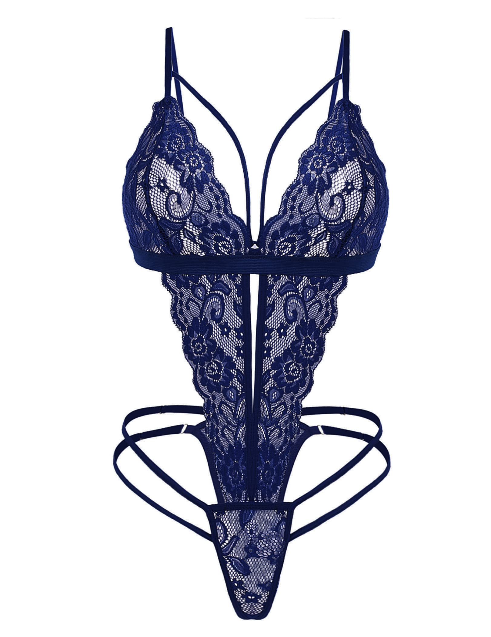 Avidlove Women One Piece Lingerie Deep V Lace Bodysuit Babydoll Teddy Underwear (Medium, Navy Blue)