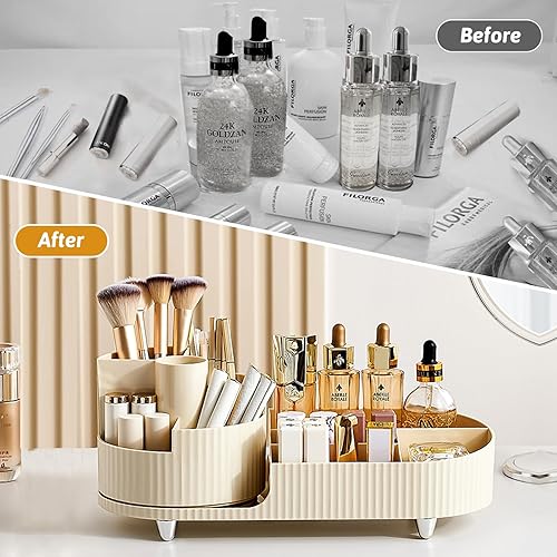 Miniatura 4 de loobuu Organizador de maquillaje giratorio de 360, soporte para brochas de maquillaje para tocador, vitrina de almacenamiento de cosméticos de gran