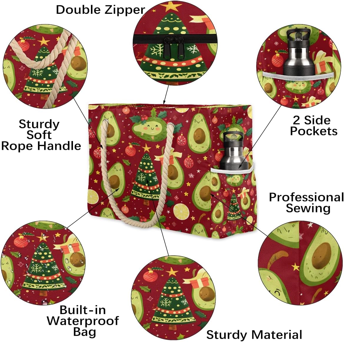 Christmas Tree Avocado Green Beach Bags Waterproof Sandproof for Women, Large with Zipper Pool Beach Tote Reusable Grocery Shoulder Bag for Swim Travel Shopping Vacation Picnic