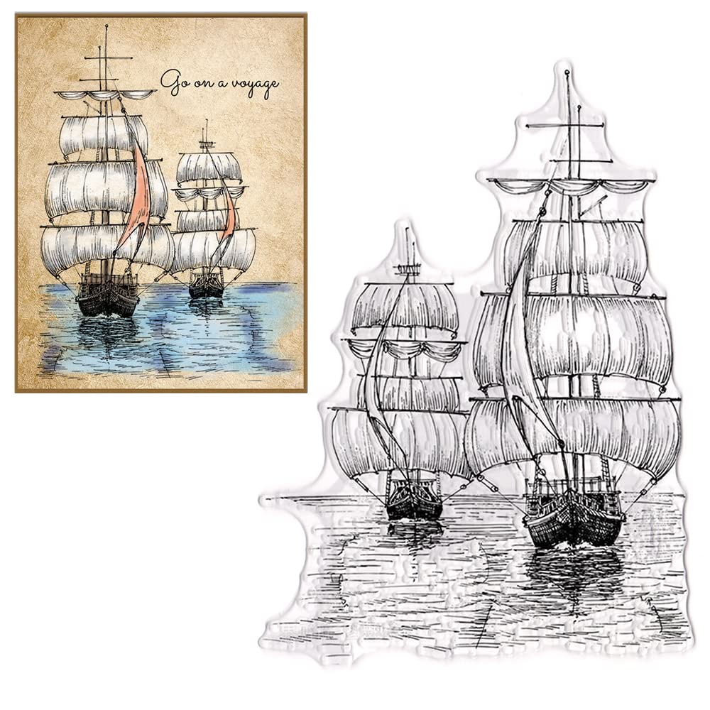 ALIBBON Sea Boat Background Clear Stamps for Card Making and Photo Album Decorations, 2 Sailboats, River Boat Transparent Silicone Stamps for Crafting and DIY Scrapbooking