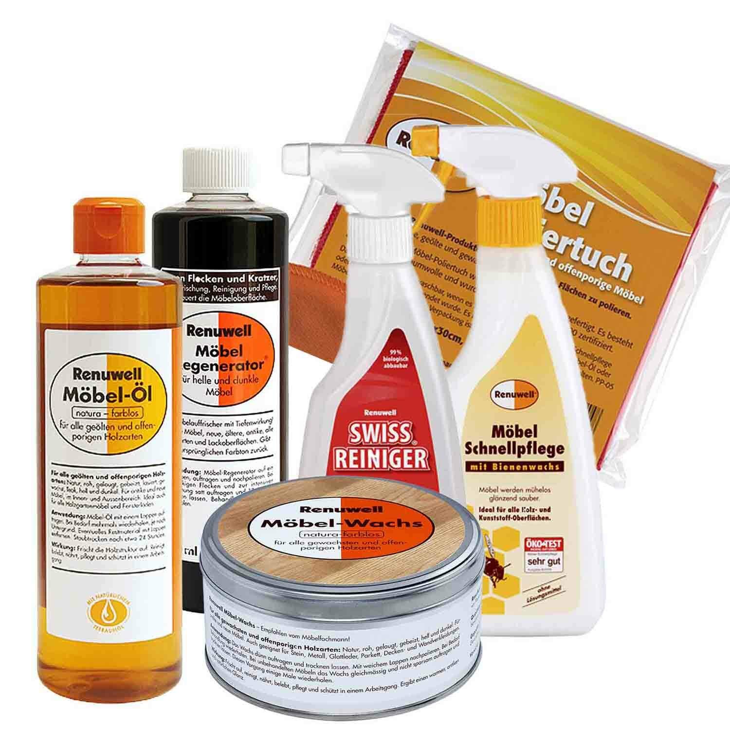 Renuwell Möbel Öl 500 ml + Regenerator 500 ml + Wachs 500 ml + Schenllpflege 500 ml + Swiss Reiniger 500 ml + 4 Poliertücher Spar-Set