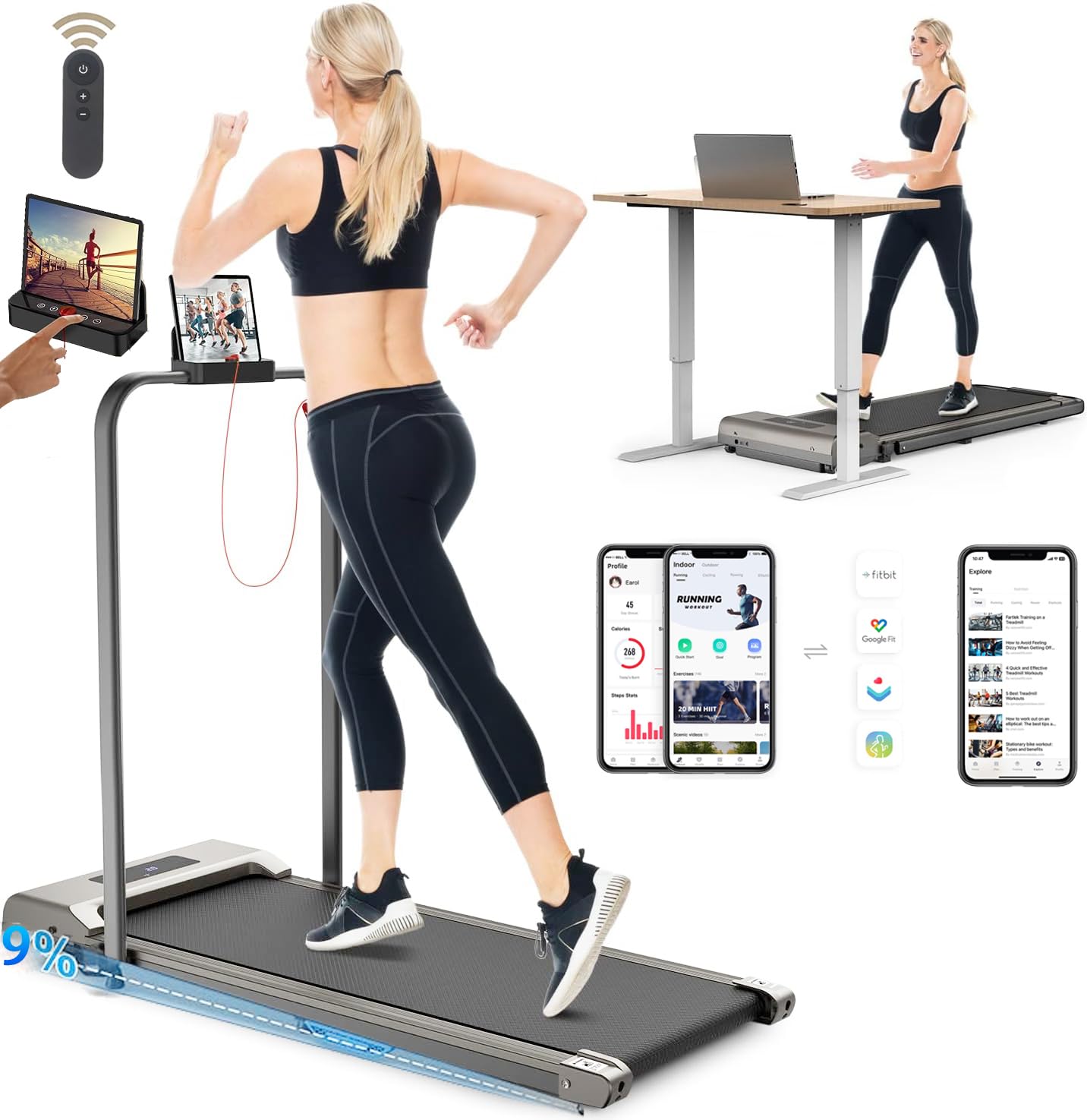 BEAPHIE 2 in 1 Foldable Under Desk Treadmill-Walking Pad, 3.5HP Adjustable Slope, With Safety Switch/Remote Control/Home Fitness Equipment, for Home Office 0.6-7.6MPH | Max 120kg
