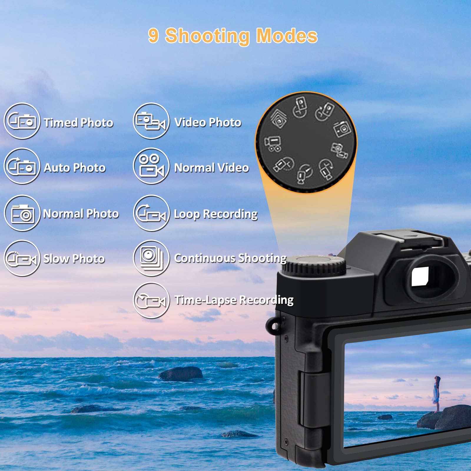 Appareil photo numérique 4K pour la photographie Zoom numérique 16x 48MP Caméras pour YouTube avec WiFi, caméra de vlogging avec objectif grand angle et 2 piles