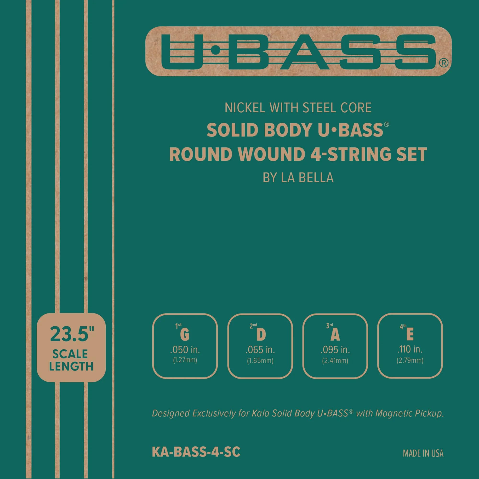 Kala - Juego de 4 cuerdas de níquel con núcleo de acero U•BASS® Round Wound de La Bella, compatible con Kala Solid Body U•BASS® con pastilla magnética