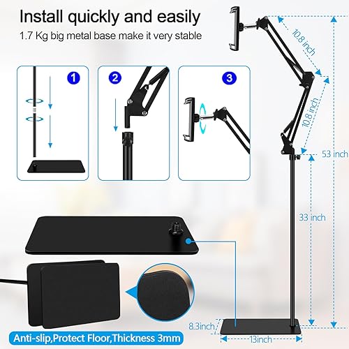 Miniatura 7 de Soporte de suelo para tablet con base de doble peso, soporte para teléfono de cama superior ajustable en altura  brazo elástico soporte para