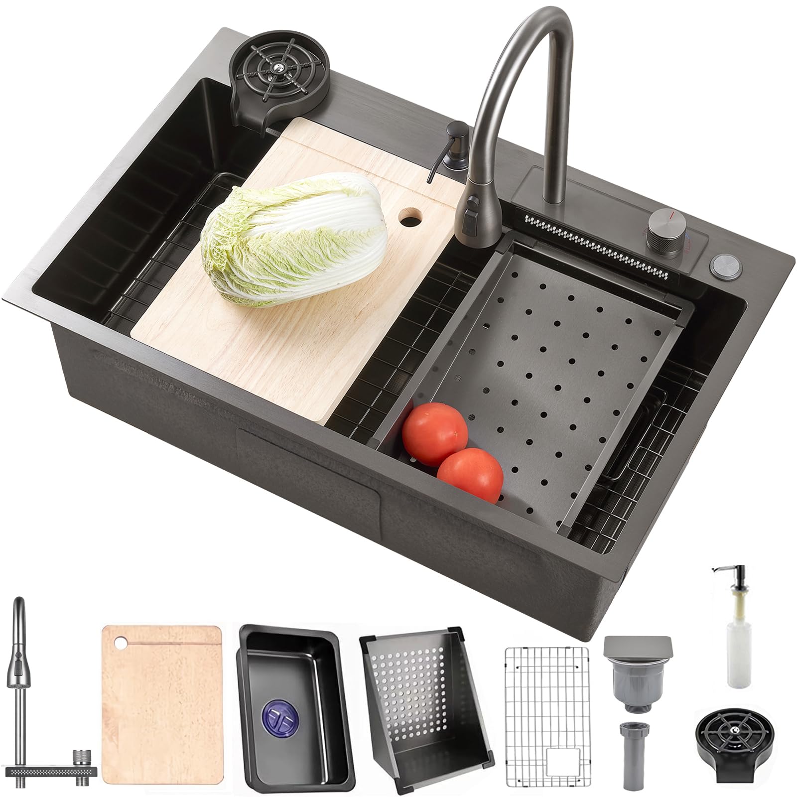 Lavello Cucina In Acciaio Inox 86x50cm - 1 Vasca, Con Rubinetto, Grigio Scuro, Nanotecnologia - Foto 8