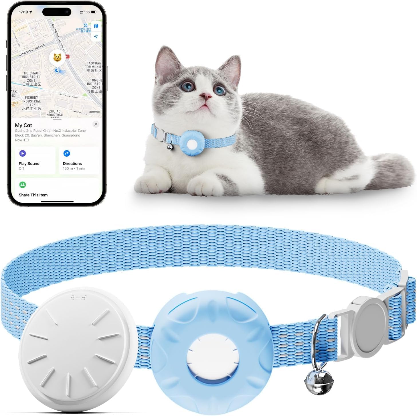 Collier de suivi pour chat avec étiquette de localisation et support de suivi, pas de frais mensuels, compatible avec Apple Find My (iOS uniquement), bande réfléchissante avec clochette (bleu)