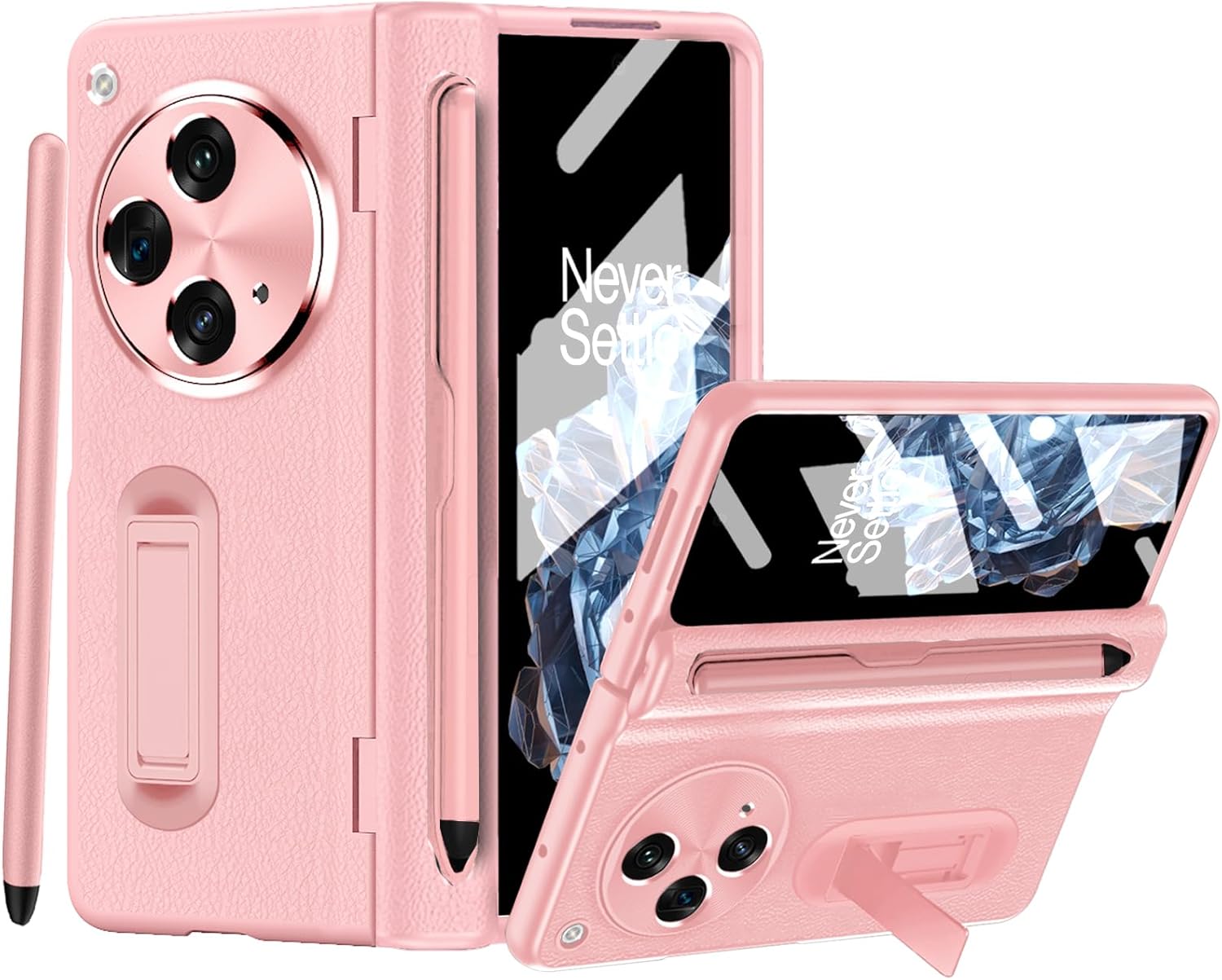 for OnePlus Open Case with Stylus & Pen Holder, [Hinge Protection] [Built-in Screen Protector] [Kickstand] All-Inclusive Luxury PU Leather Phone Case for OnePlus Open 2023 Pink