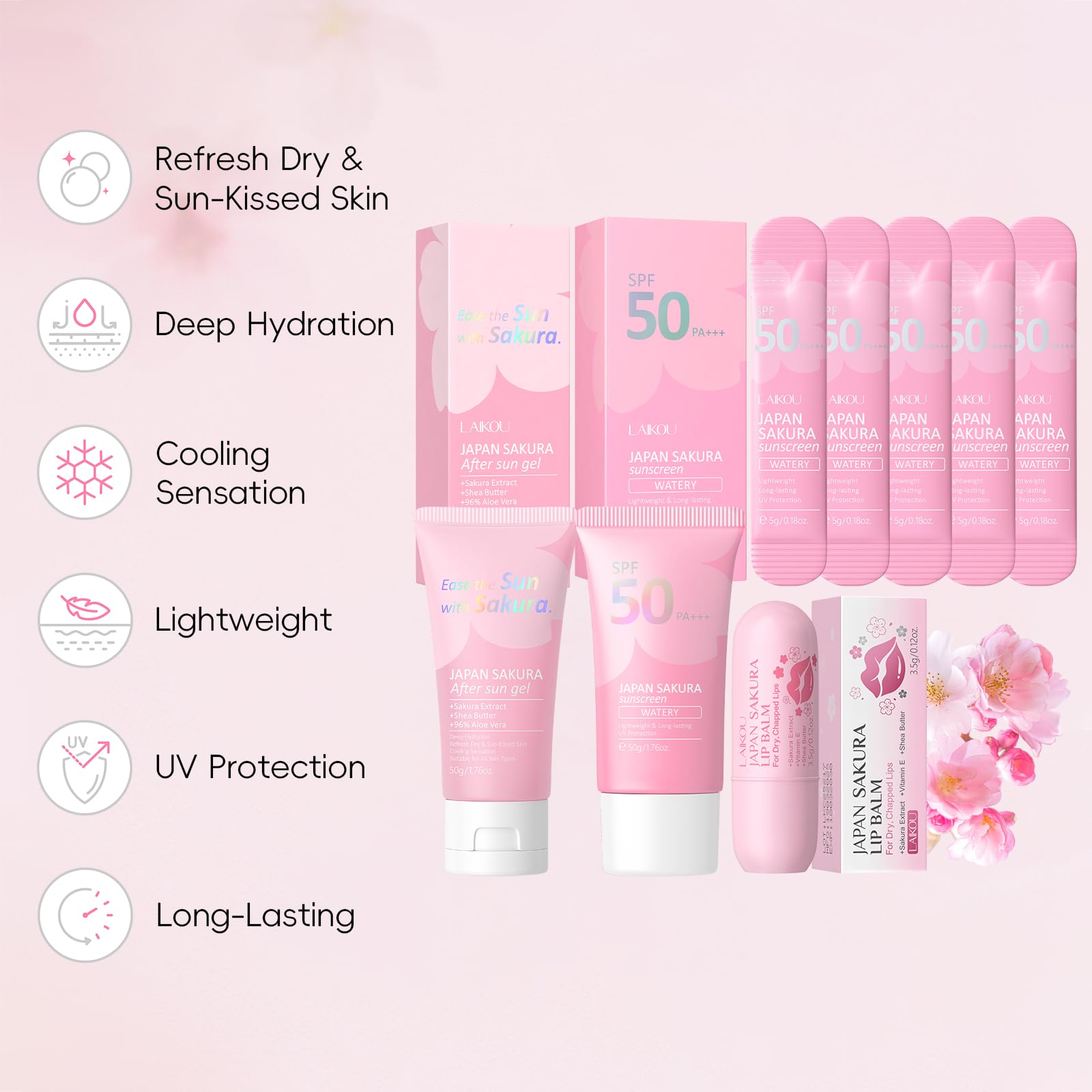 LAIKOU Set Protezione Solare Viso e Corpo, 4 pezzi Sakura Kit Skincare da Viaggio con Crema Solare SPF 50 + Gel Doposole + Balsamo Labbra,per Protezione UVA/UVB e Cura della Pelle
