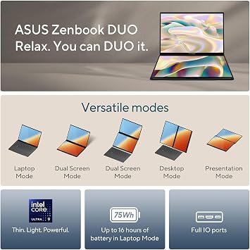 ASUS Zenbook Duo Laptop, Dual 14 OLED WUXGA Touchscreen Display, Intel Core Ultra 9 285H, Intel Arc Graphics, 32GB RAM, 2TB SSD, WiFi 7, Thunderbolt 4, Detachable KB, Windows 11, w/1TB Portable HDD