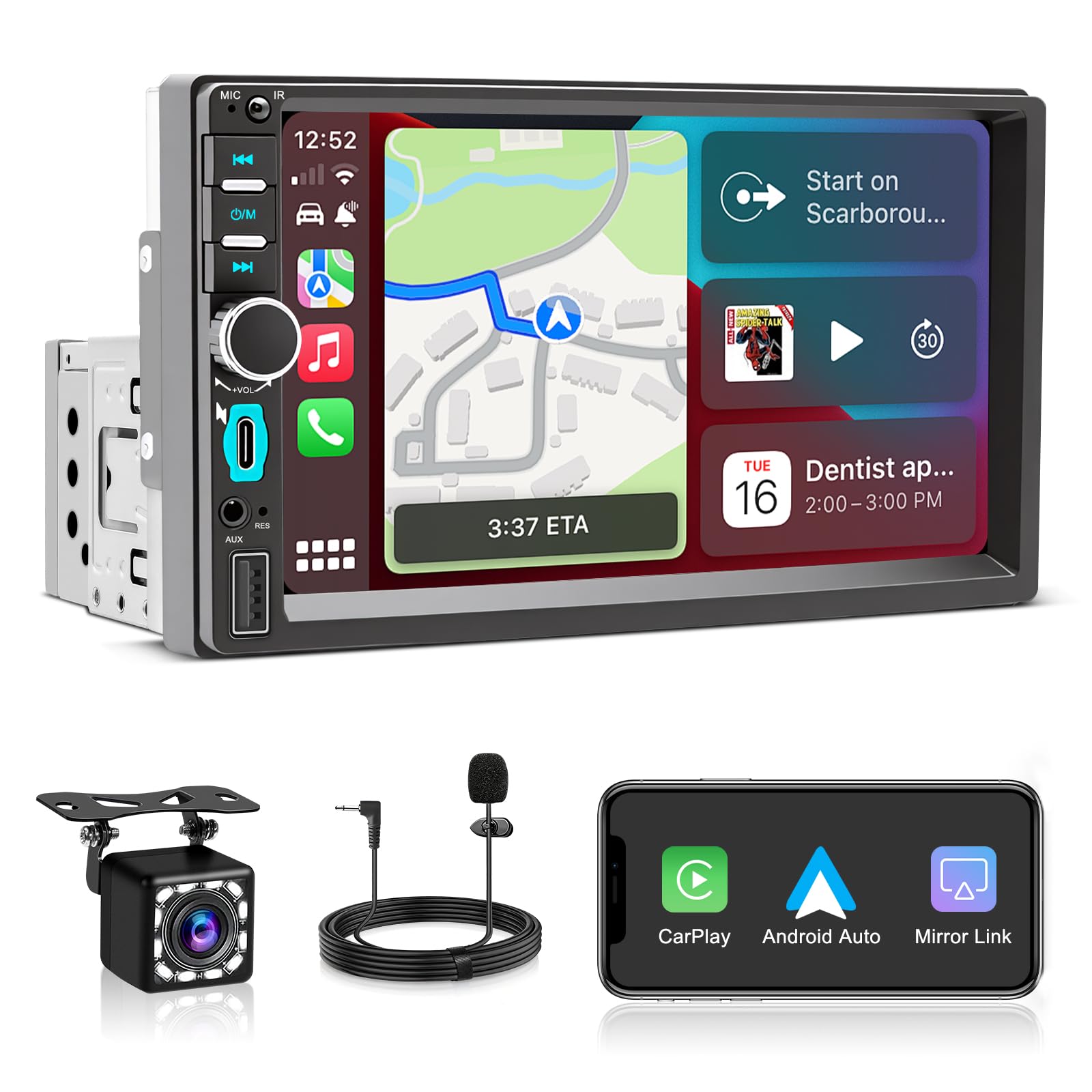 Autoradio 1 DIN avec Écran Tactile HD 7 Pouces, CarPlay sans Fil et Android Auto, Radio Voiture Bluetooth Mains Libres, Mirror Link, Navigation GPS, Contrôle Vocal, FM, Caméra de Recul, USB, Type-C
