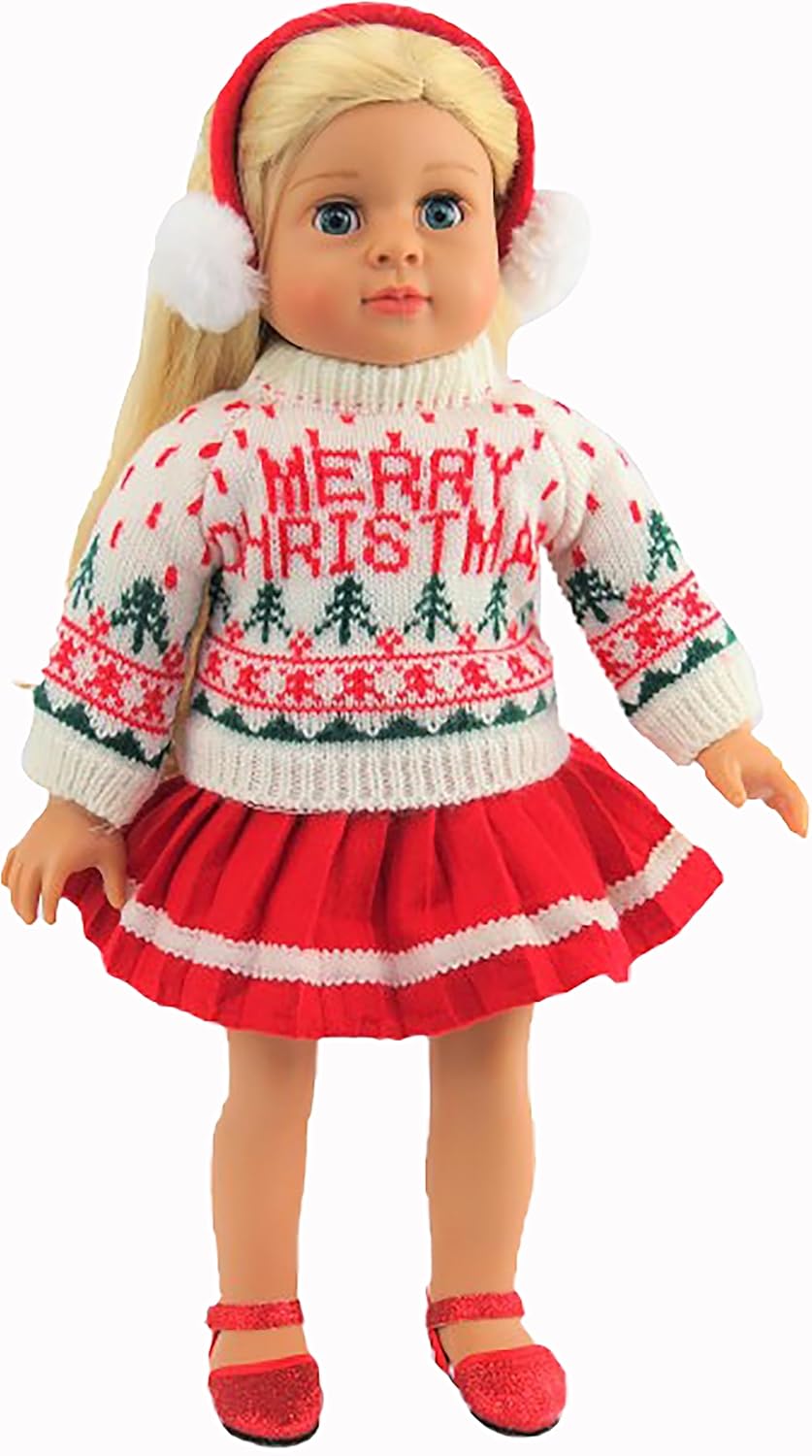 Merry Christmas Sweater Skirt Set Outfit for 18-Inch Dolls | Premium Quality & Trendy Design | Dolls Clothes | Outfit Fashions for Dolls for Popular Brands