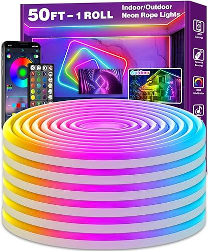 AILBTON Tira de luces LED de neón de 50 pies, control con aplicacióncontrol remoto, luces LED flexibles, múltiples modos, luces de neón RGB para