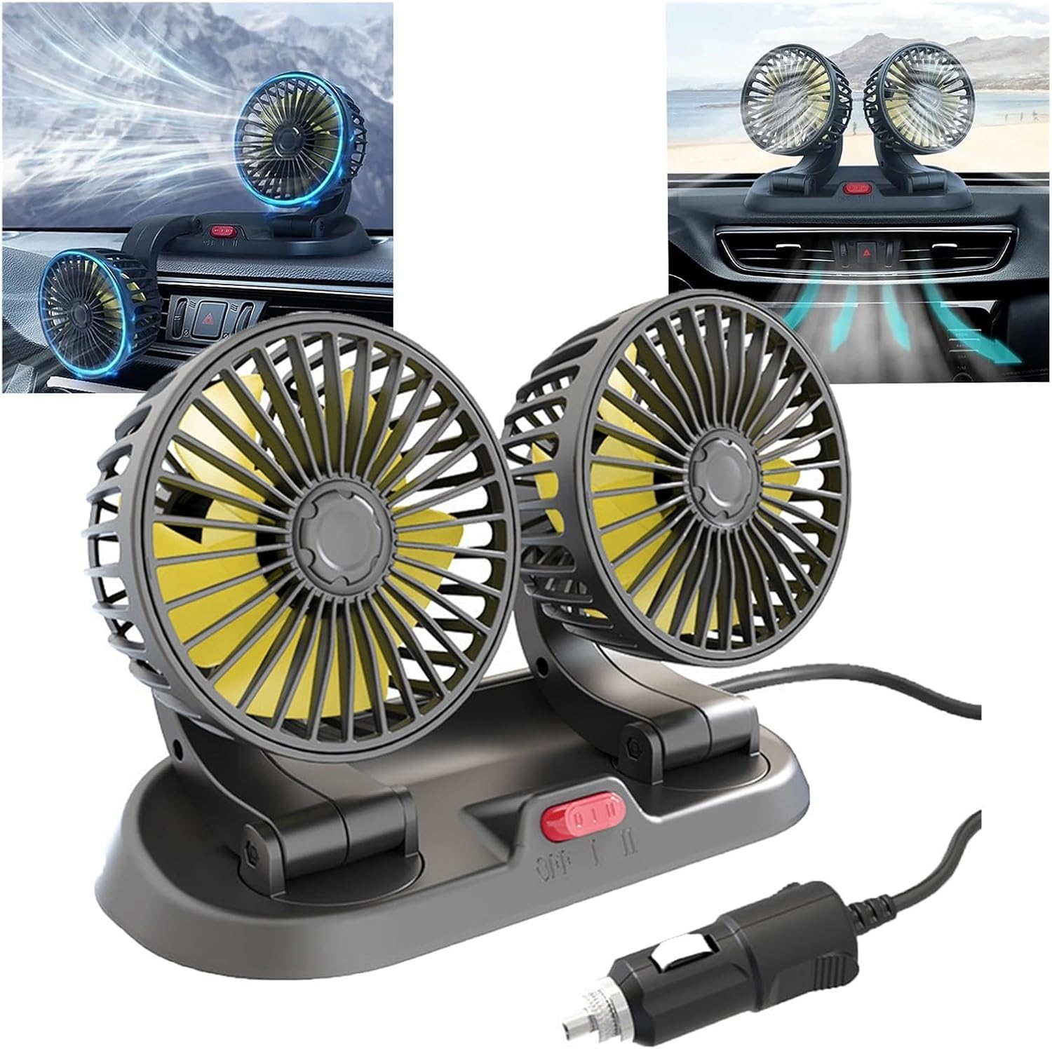Newly Double Cooling Car Fan,Portable Vehicle Cooling Fan,Dual Head Car Cooling Fan, 2 Speeds, 360° Rotation, Dual Head USB Fan,Brushless Motor,Cigarette Lighter Powered Cooler Fan(USB Universal)