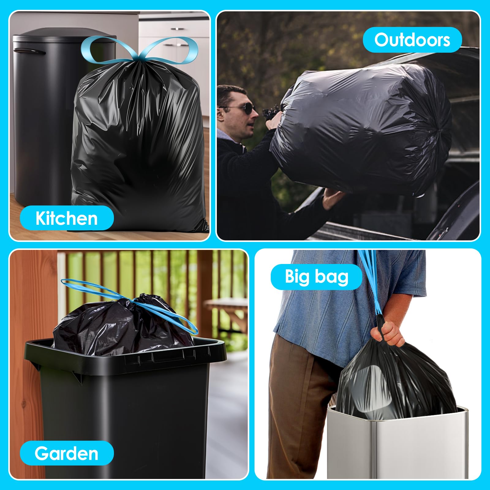 Teivio Bolsas de basura grandes con cordón de 20 galones, 60 unidades (para 18-20 galones), bolsas de basura grandes con cordón, bolsas de basura fuertes y altas para cocina, para el hogar, oficina