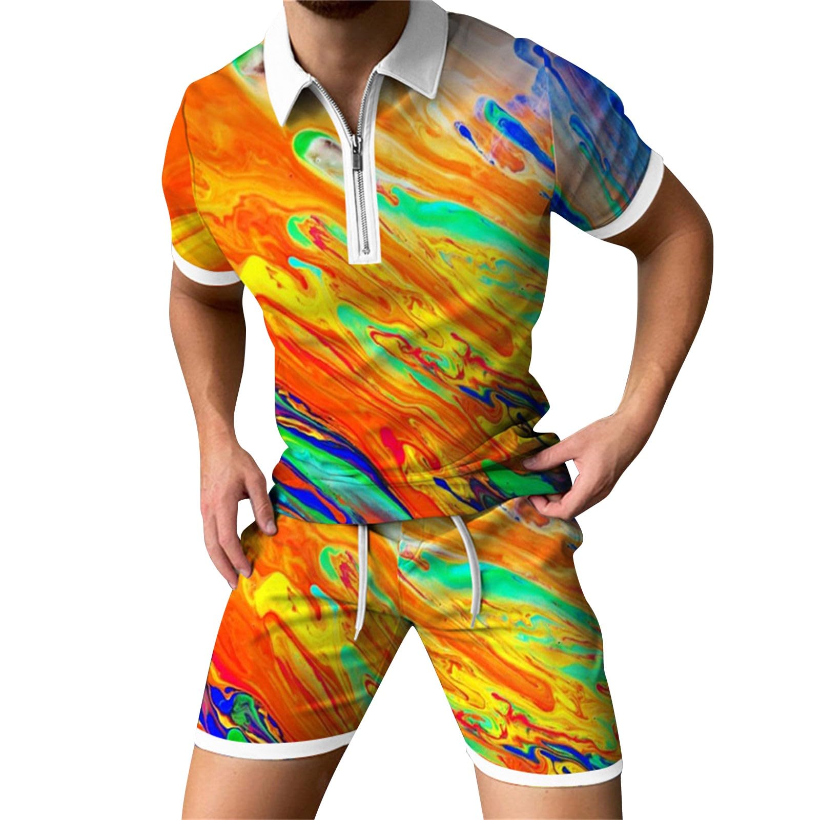 UwdiohqMens Suits Short Sleeve Cuffs Quarter Zipper Pullover Lapel Tops with Drawstring Shorts Gradient Color Pattern Print Set Summer Fashion Sports Suits for Outdoor