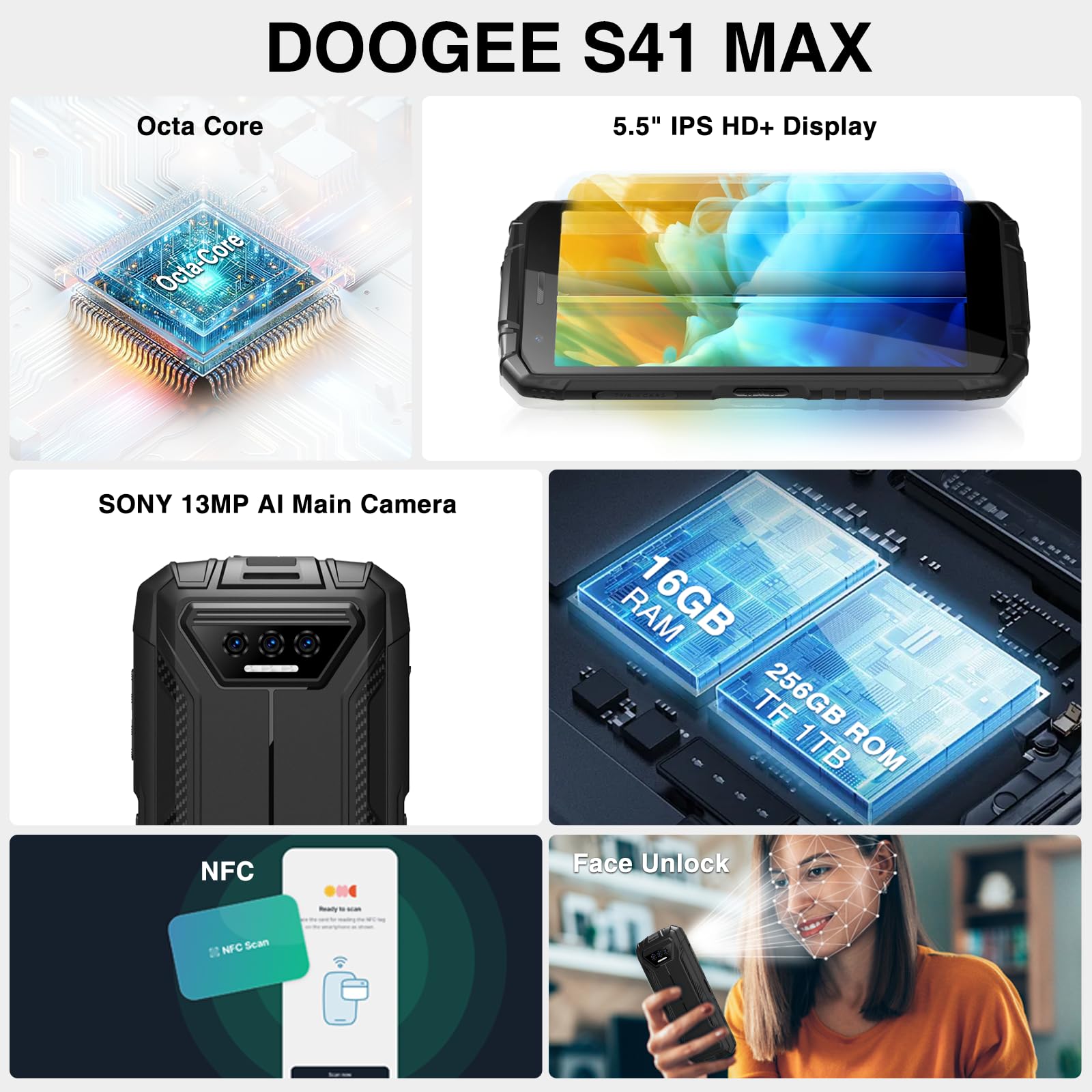 DOOGEE S41 MAX (2024) Rugged Smartphone Android 13 Smartphone Rugged 16GB+256GB /1TB, Batteria 6300mAh, 5,5''HD+ Telefono Indistruttibile, Fotocamera 13MP+8MP, IP68/69K/Dual SIM/NFC/OTG/GPS Nero