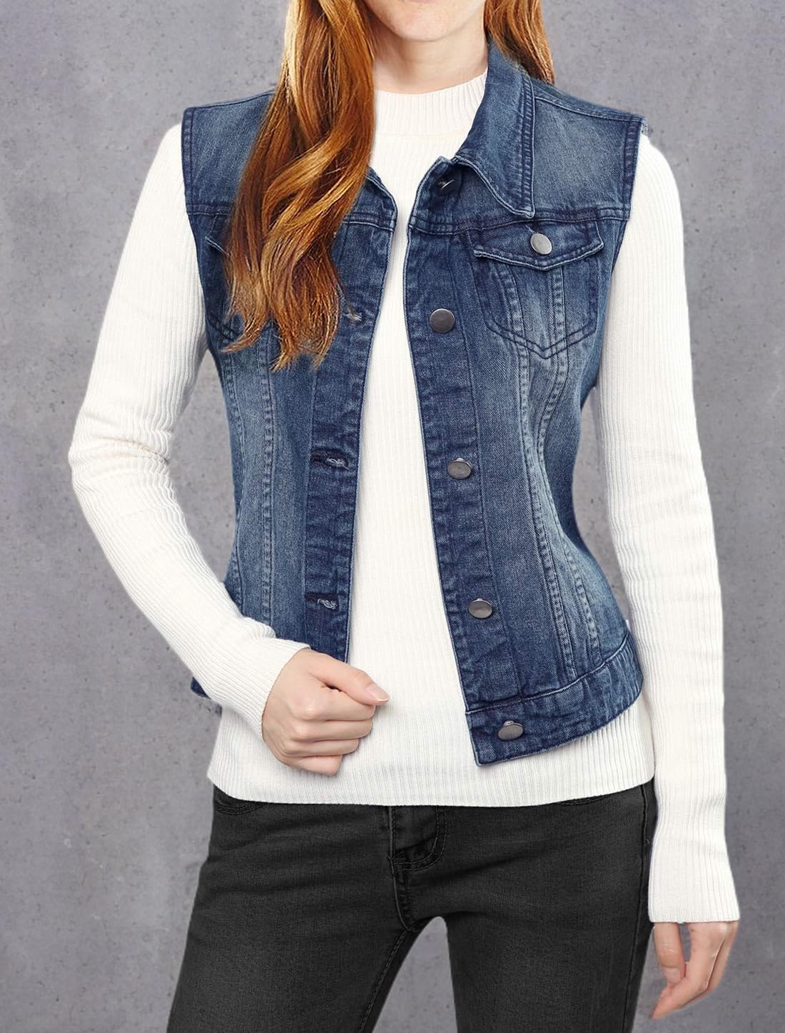 Allegra K Denim Vest Giacca da college Donna