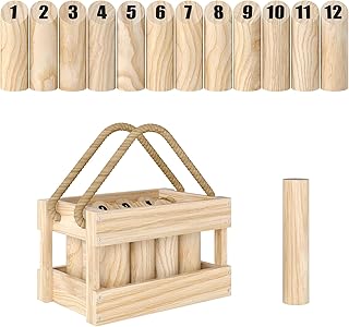 SPORTNOW Jeu de quilles finlandaises, Jeu de Plein air en Bois de pin 12 quilles, 1 bâton et 1 boîte de Transport, Jeux de Plein air pour Adultes, Jardin, Pique-Nique, Plage, fête, Effet Bois Naturel