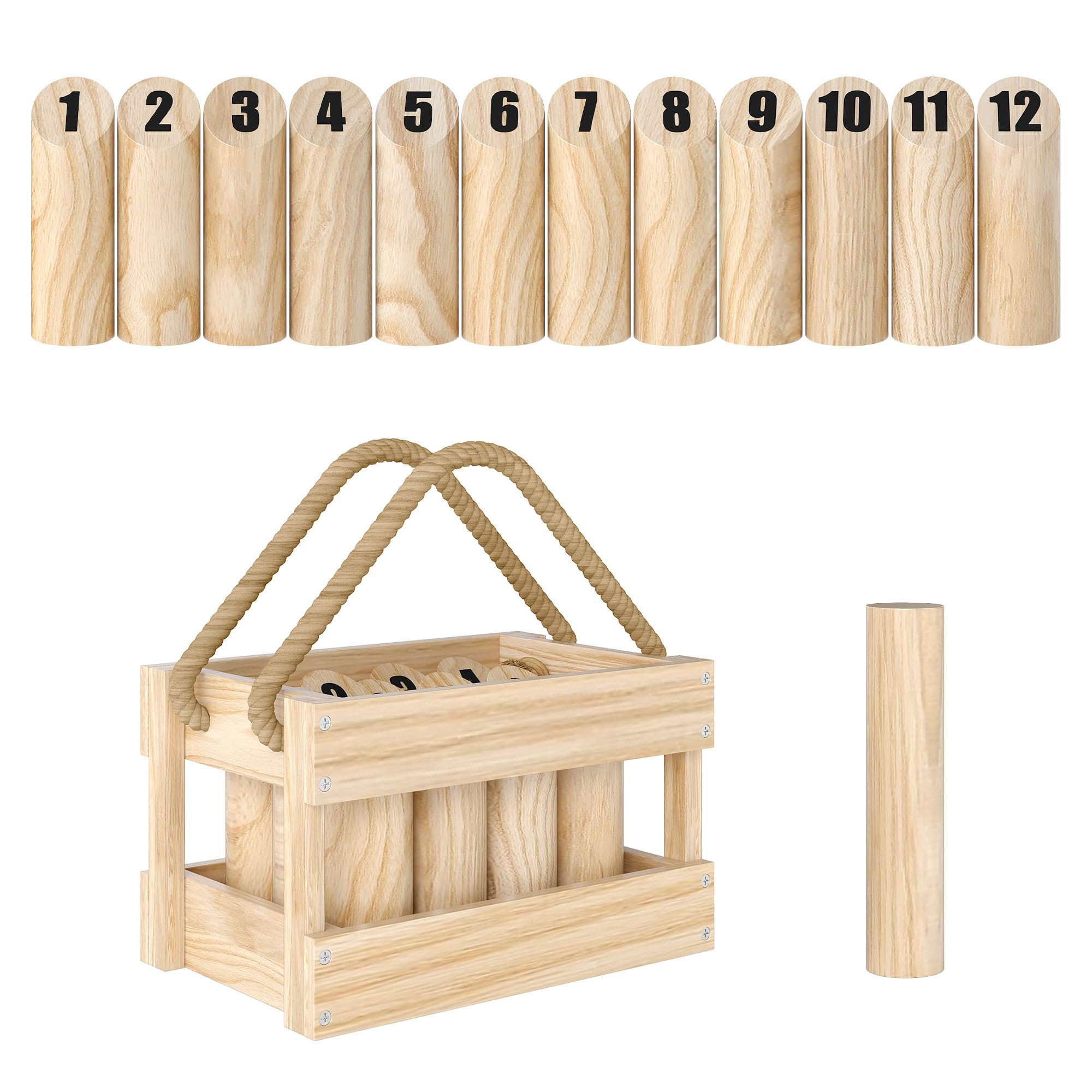 Juego De Bolos Finlandeses Mölkky – 12 Bolos De Pino Con Palo Y Caja De Transporte