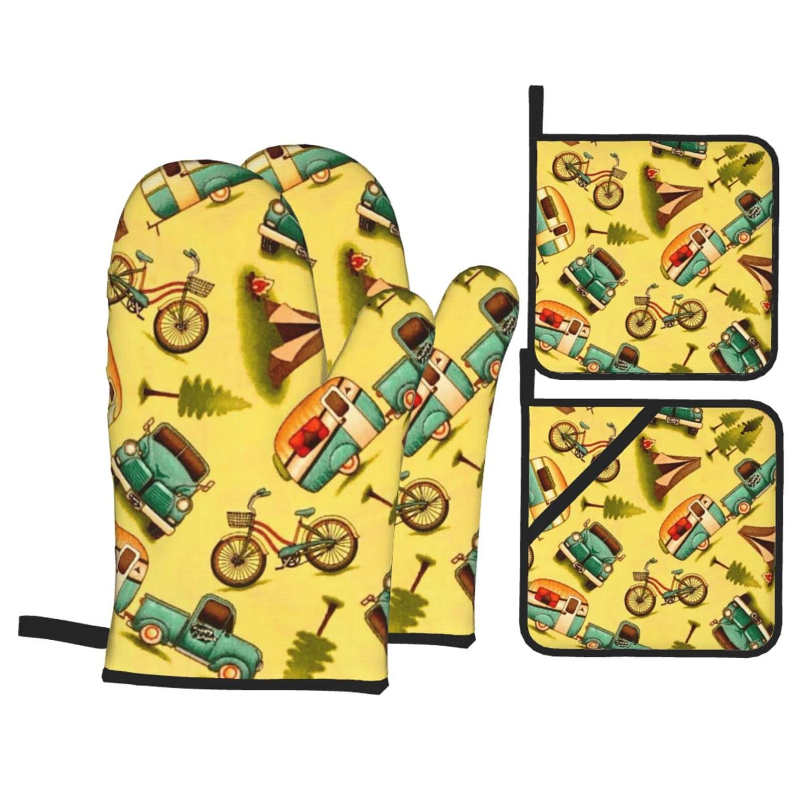 Car and Bicycle Print Kitchen Baking Four Piece Set of Heat Resistant Thick Cotton Oven Mitts for Cooking, Baking and Grilling