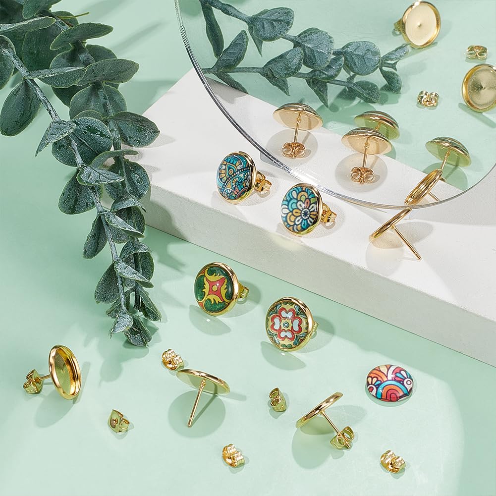 UNICRAFTALE Circa 60pz 18K Placcato Oro Grezzi Orecchini A Perno Cabochon Rotondi Orecchini Castoni Vassoi Perno In Acciaio Inossidabile Risultati A Tazza con Anello e Retro Dell'Orecchino per DIY