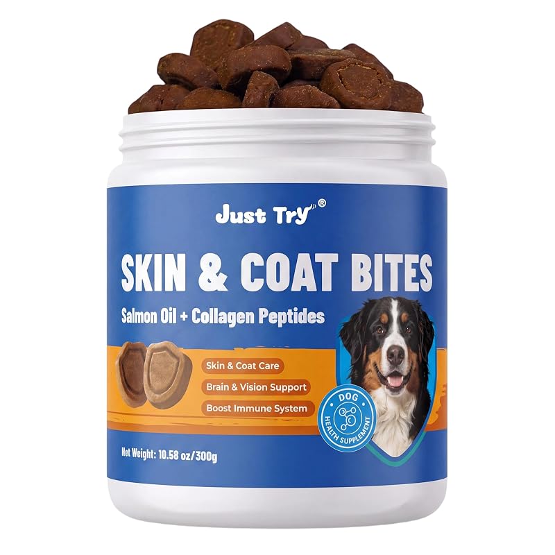 Suplemento para Pele e Pelagem de Cães com Óleo de Salmão Just Try, Sabor Frango, 300 g