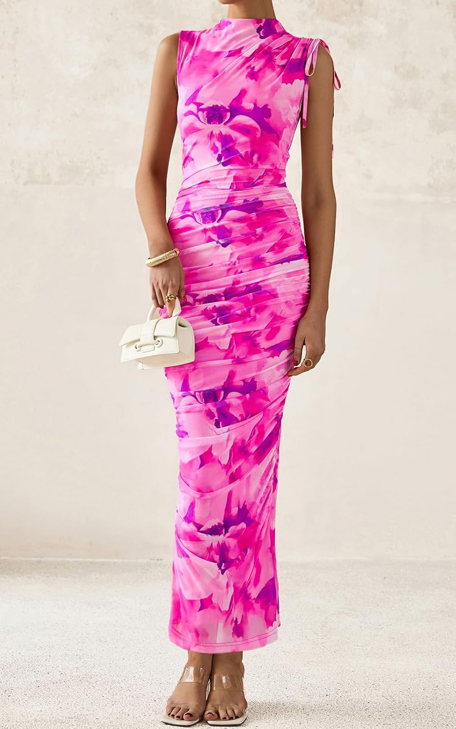 PRETTYGARDEN Women's Summer Maxi Floral Dresses Ruched Bodycon Sleeveless Mesh Formal Wedding Guest Cocktail Split Long Dress - Image 5